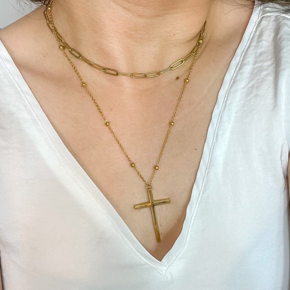 Big Cross Pendant Gold Necklace 2 Layer Necklace Gold Cross Necklace Lay… - Picture 7 of 11